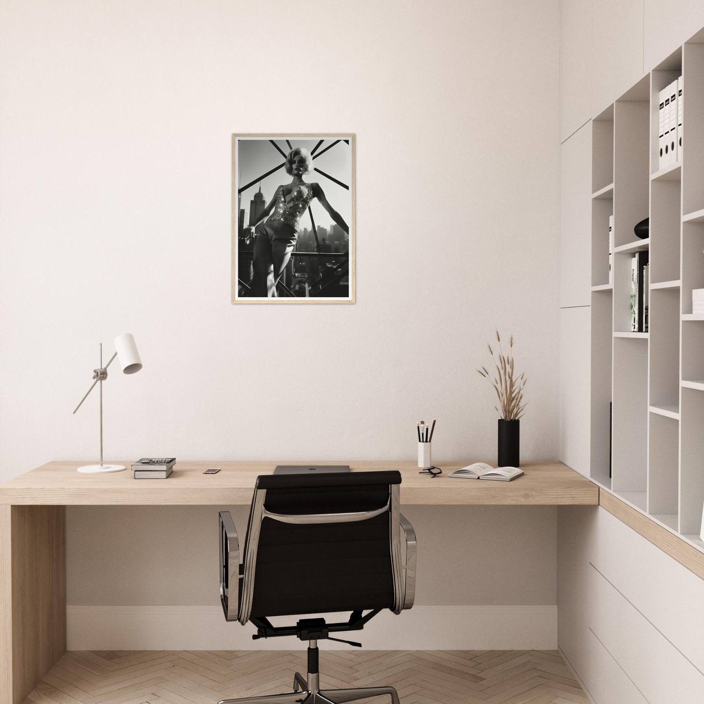 Minimalist wooden desk with a black office chair in a clean, white workspace.