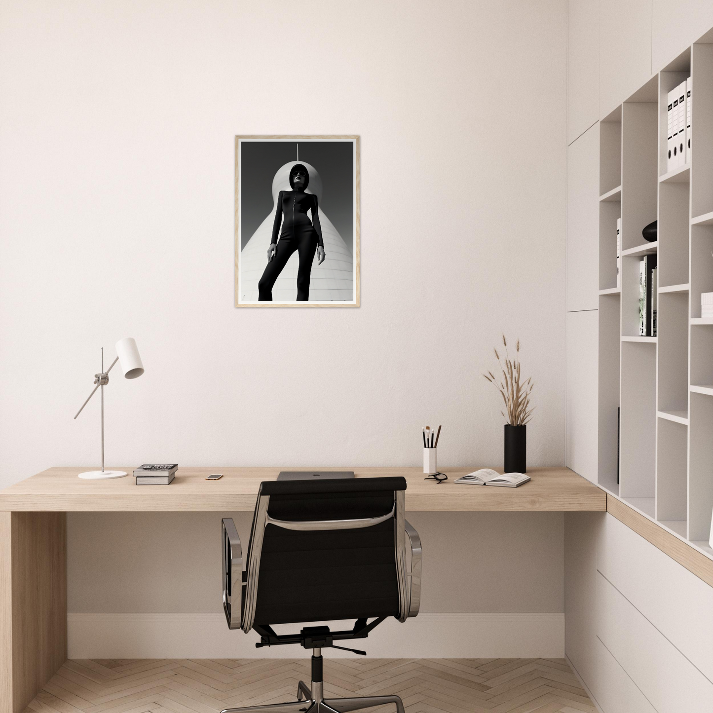 Minimalist home office workspace with a wooden desk, black office chair, and framed artwork on the wall.