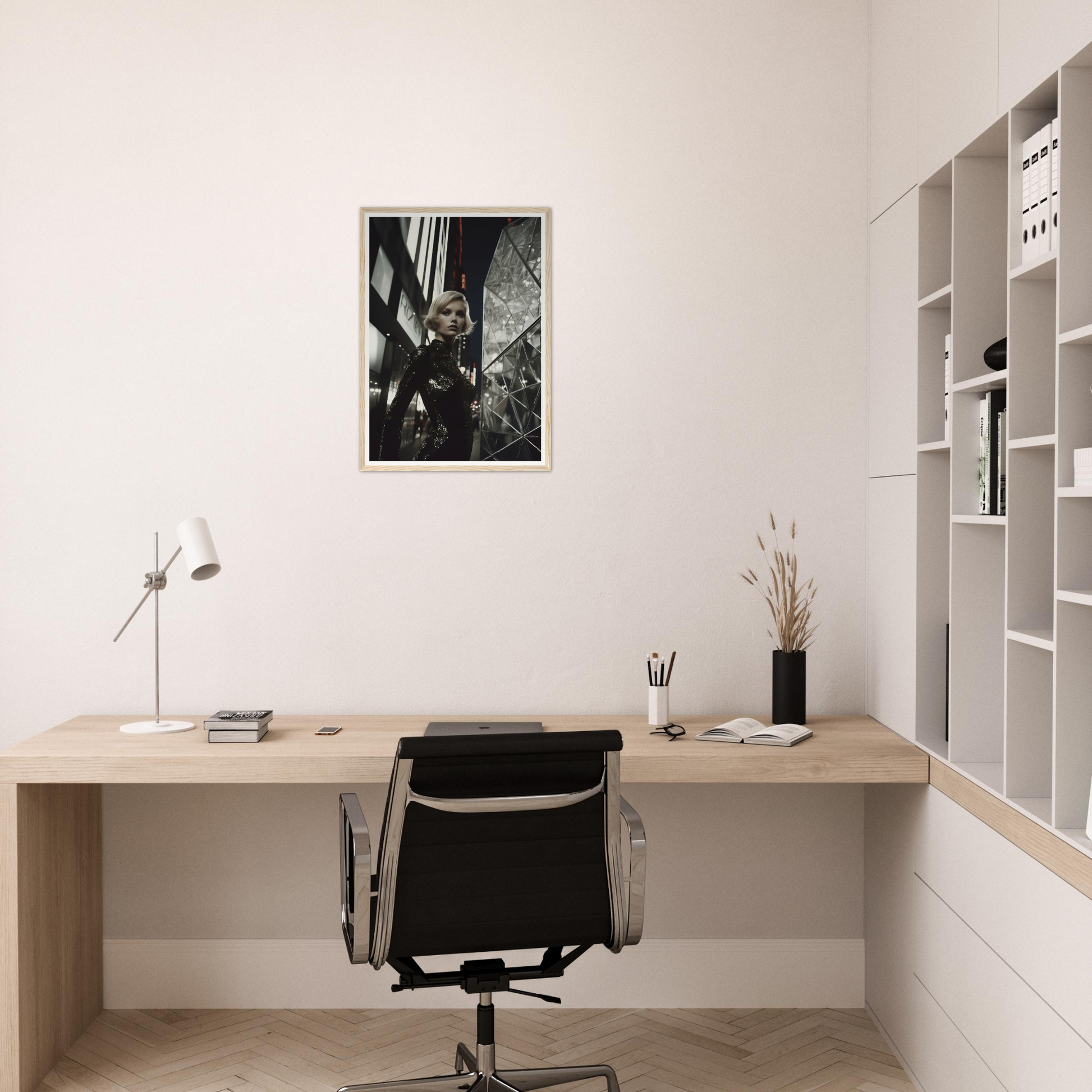 Minimalist wooden desk with a black office chair in a clean, white workspace.