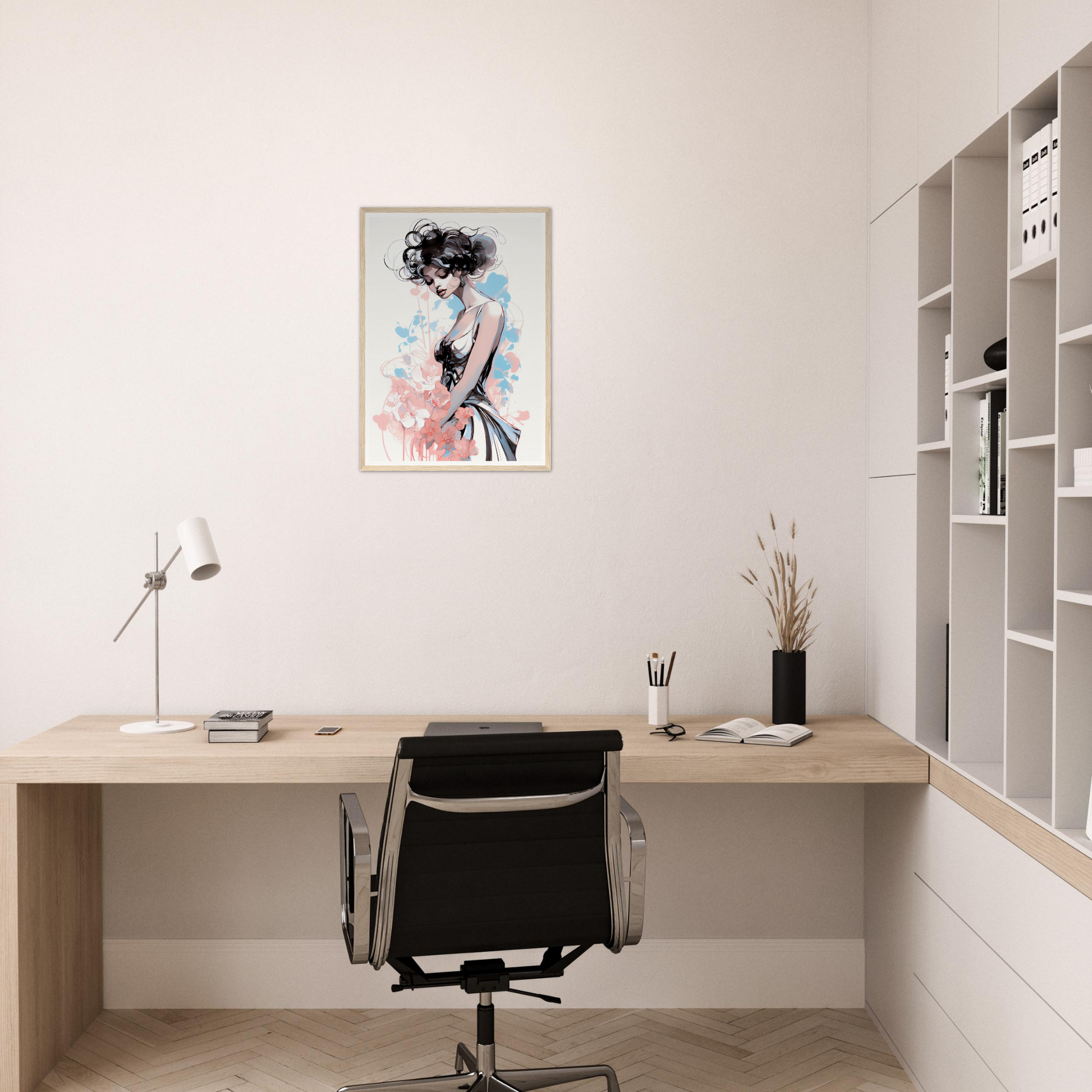 Minimalist home office workspace with a wooden desk, office chair, and decorative wall art.