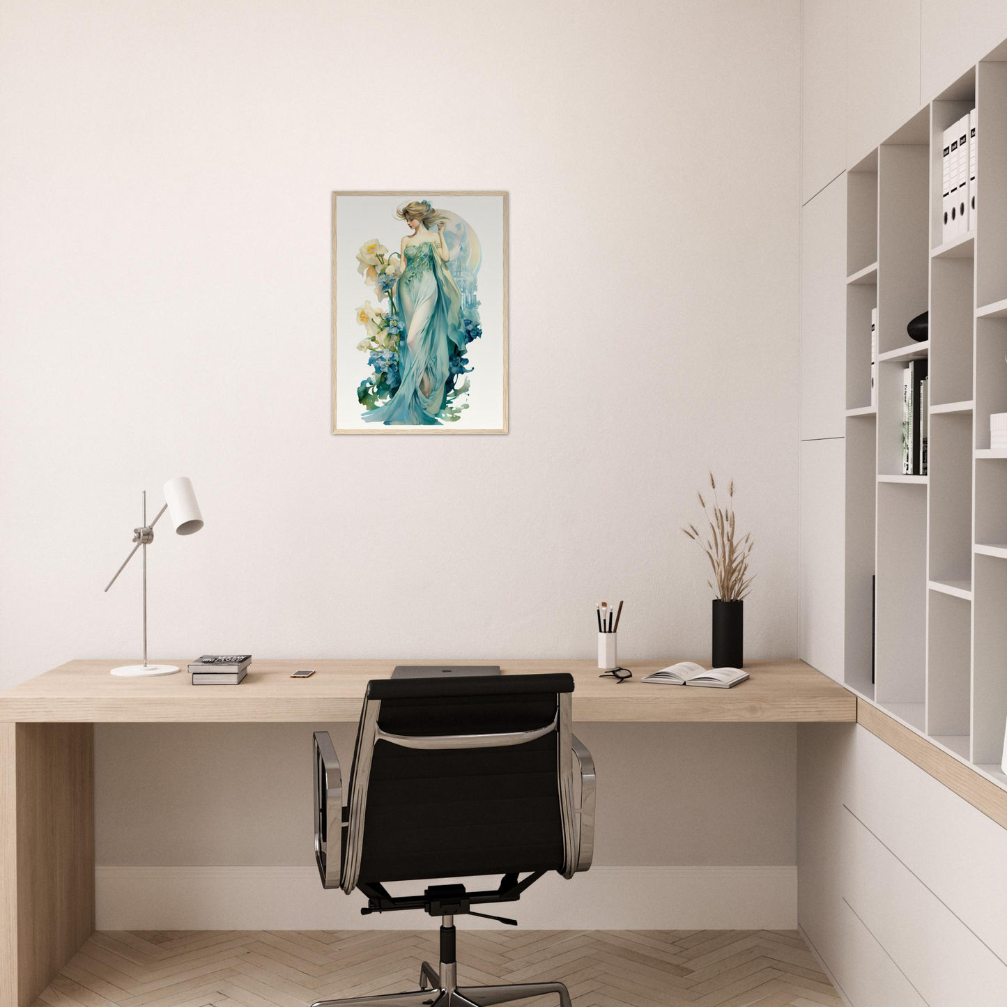 Minimalist home office workspace with a wooden desk, office chair, and framed artwork on the wall.