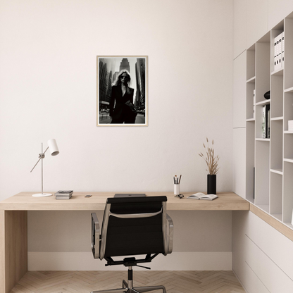 Minimalist home office workspace with a wooden desk and black office chair.