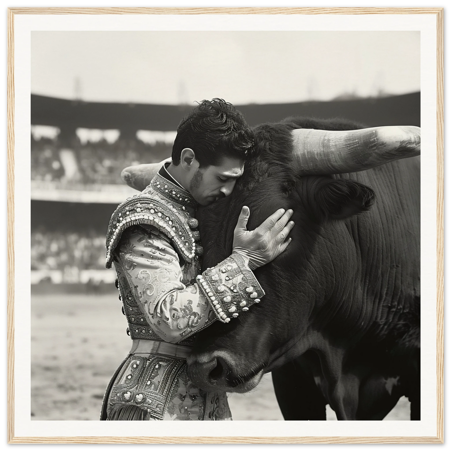 A matador in a stunning suit embraces a bull’s head in Bull & Brave framed wall art