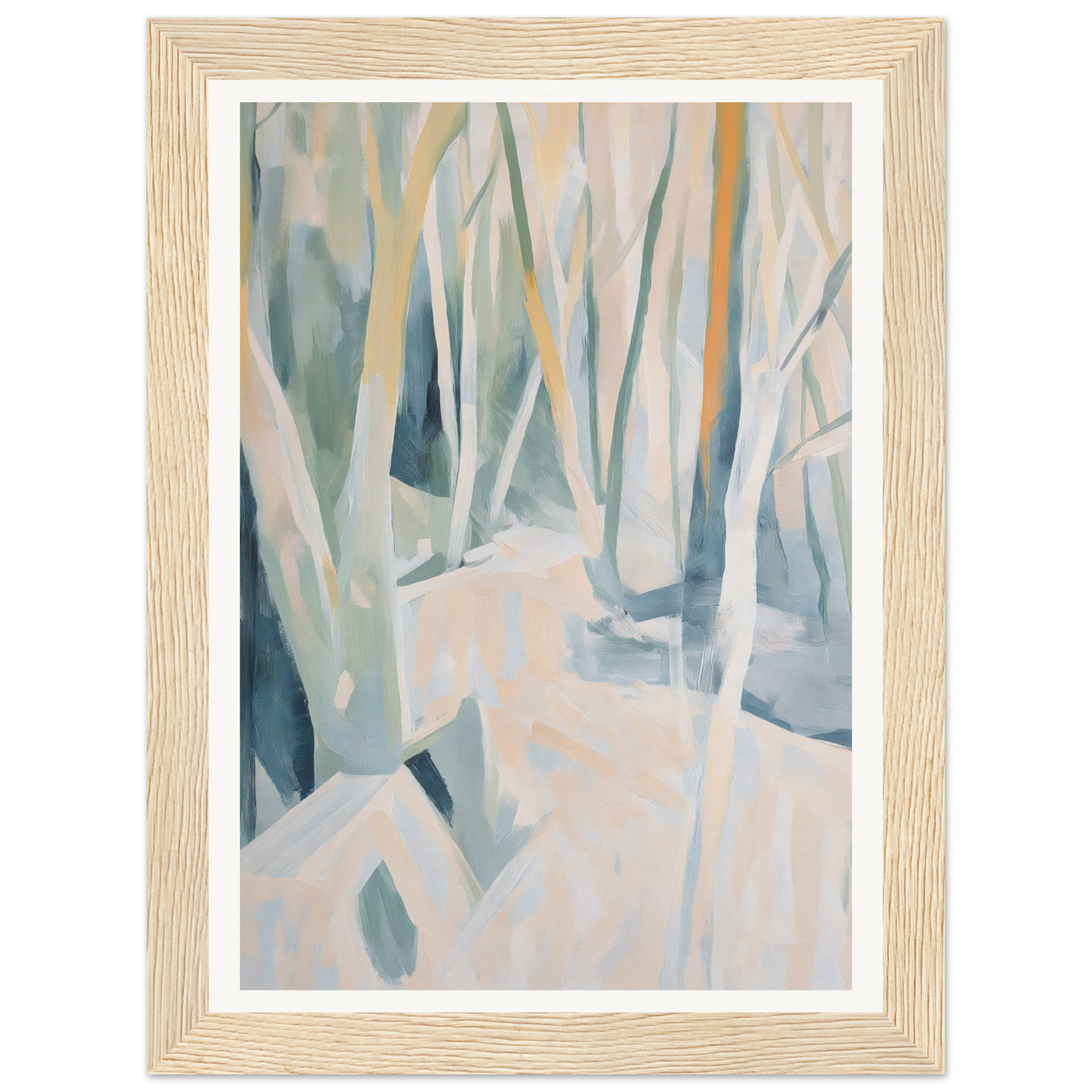 Framed wall art of abstract trees in muted tones, perfect for interior design.