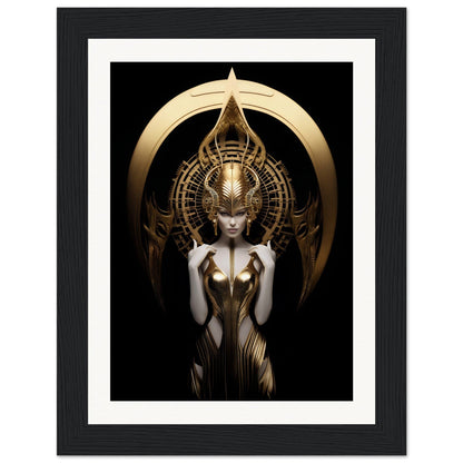 A golden, ornate figure with an elaborate headdress and metallic body in an ethereal, goddess-like pose.