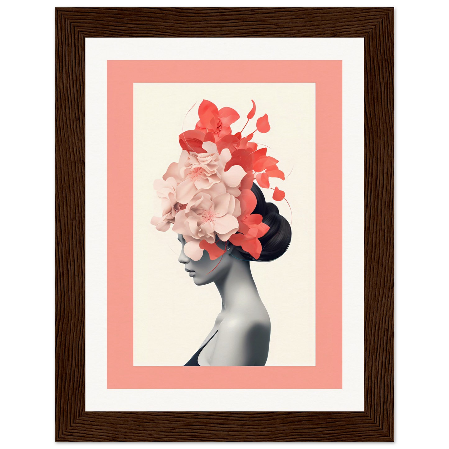 Framed artwork depicting a silhouette with floral elements emerging from the head.