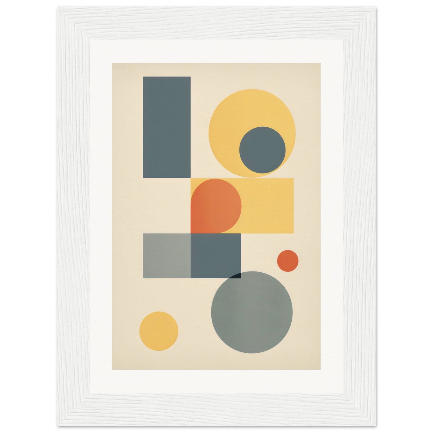 Abstract geometric artwork featuring circles, rectangles, and squares in muted colors.