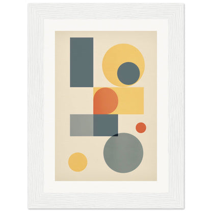 Abstract geometric artwork featuring circles, rectangles, and squares in muted colors.