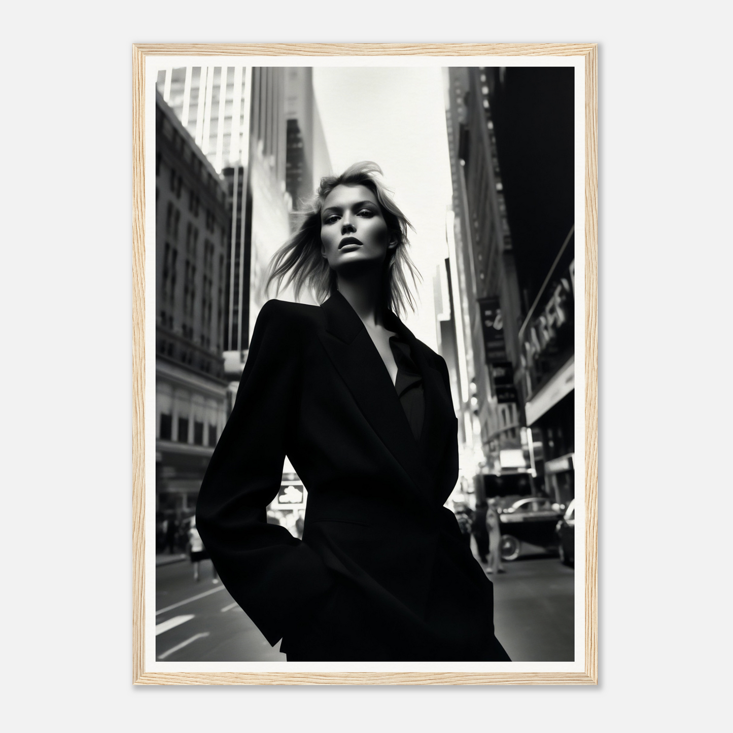 Black and white photograph of a woman in a dark coat standing on a city street.