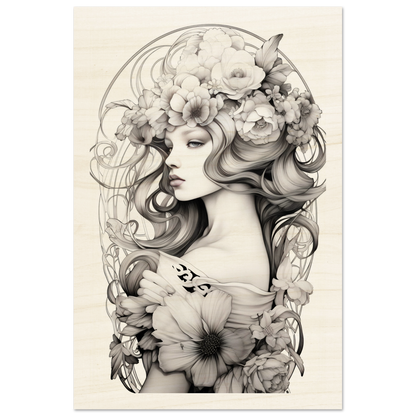 Artistic portrait of a woman adorned with intricate floral elements and flowing hair.