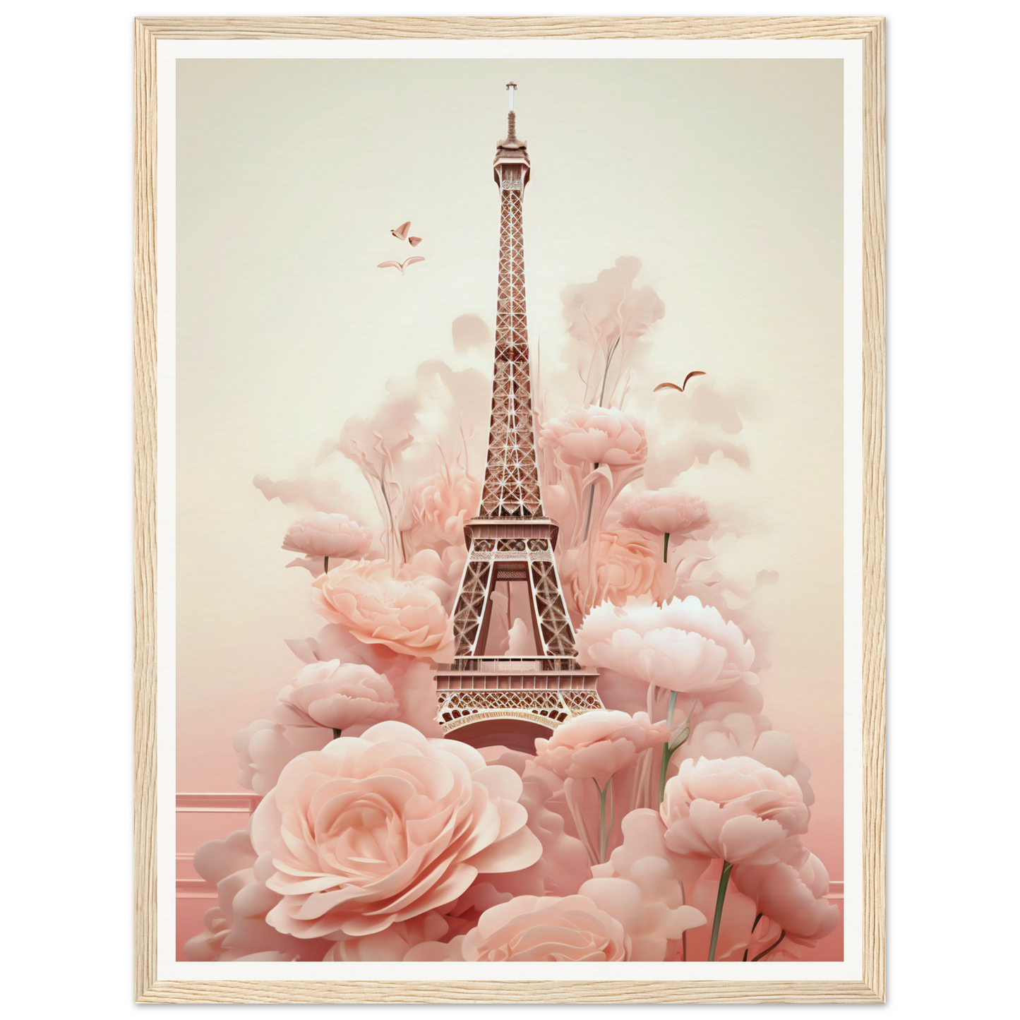 Eiffel Tower surrounded by pink flowers and clouds.