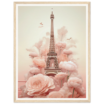 Eiffel Tower surrounded by pink flowers and clouds.