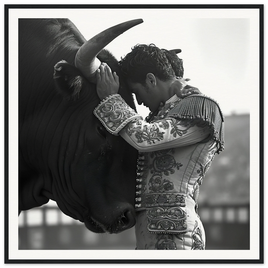 Matador in ornate suit bonding with bull’s forehead in Bull’s Forehead Commune art