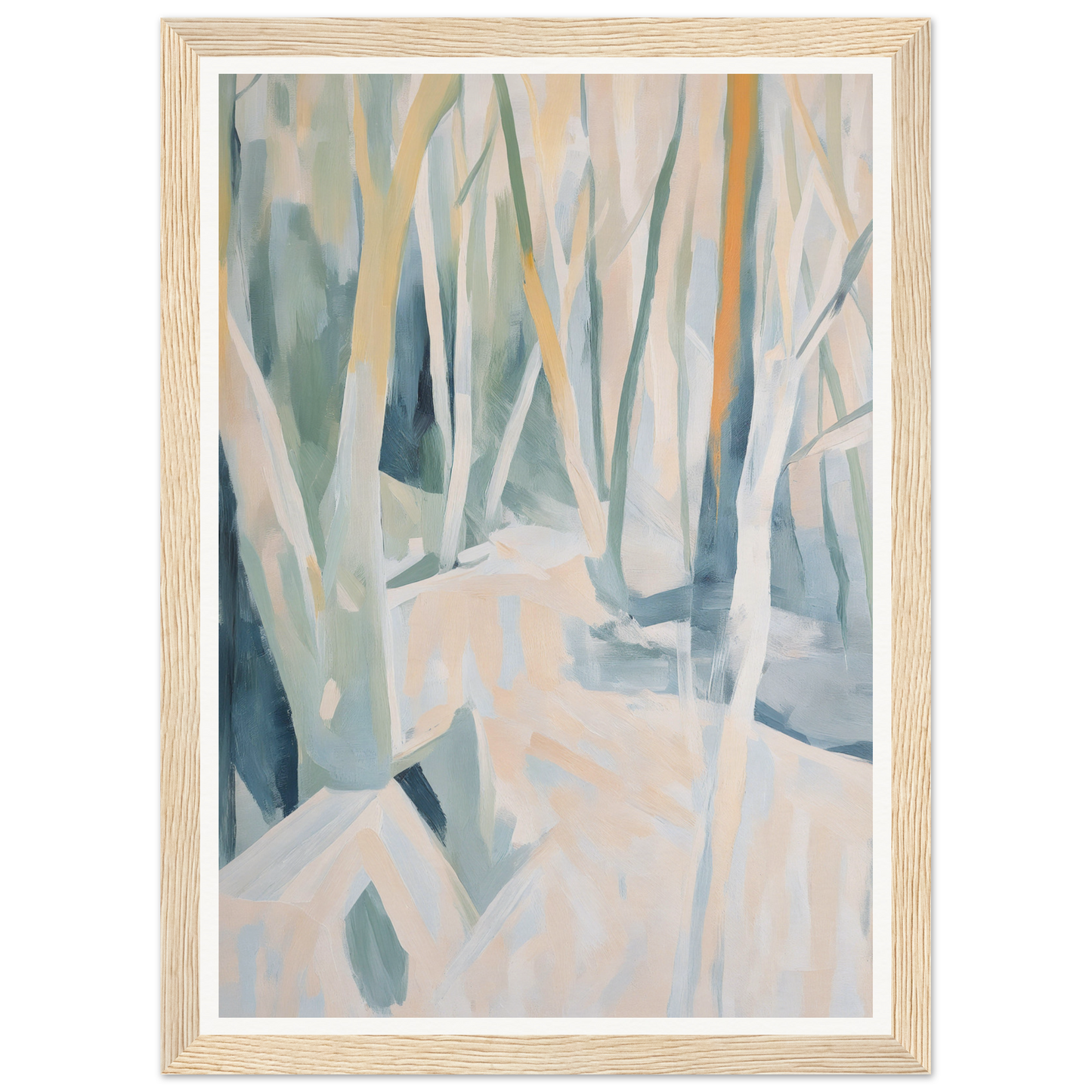 Framed wall art of an abstract wooded area with light colors, perfect for room decor.