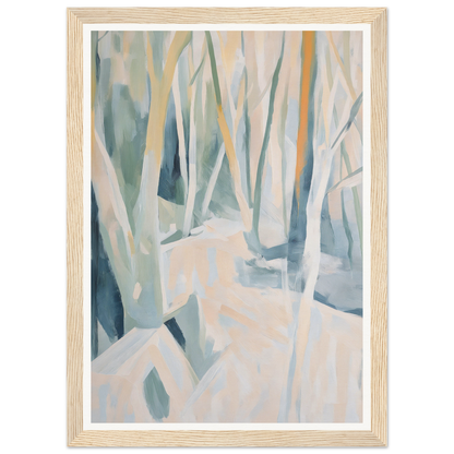 Framed wall art of an abstract wooded area with light colors, perfect for room decor.