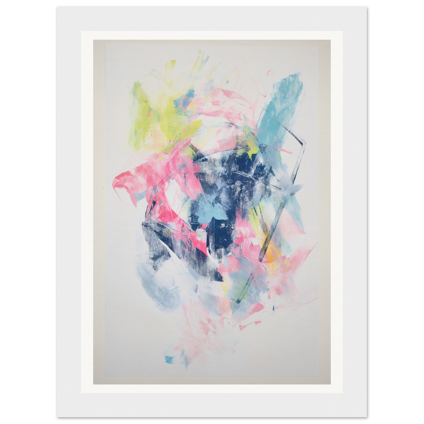 Framed abstract painting with splashes of pink, blue, yellow, and green on a white background.