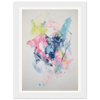 Framed abstract painting with splashes of pink, blue, yellow, and green on a white background.