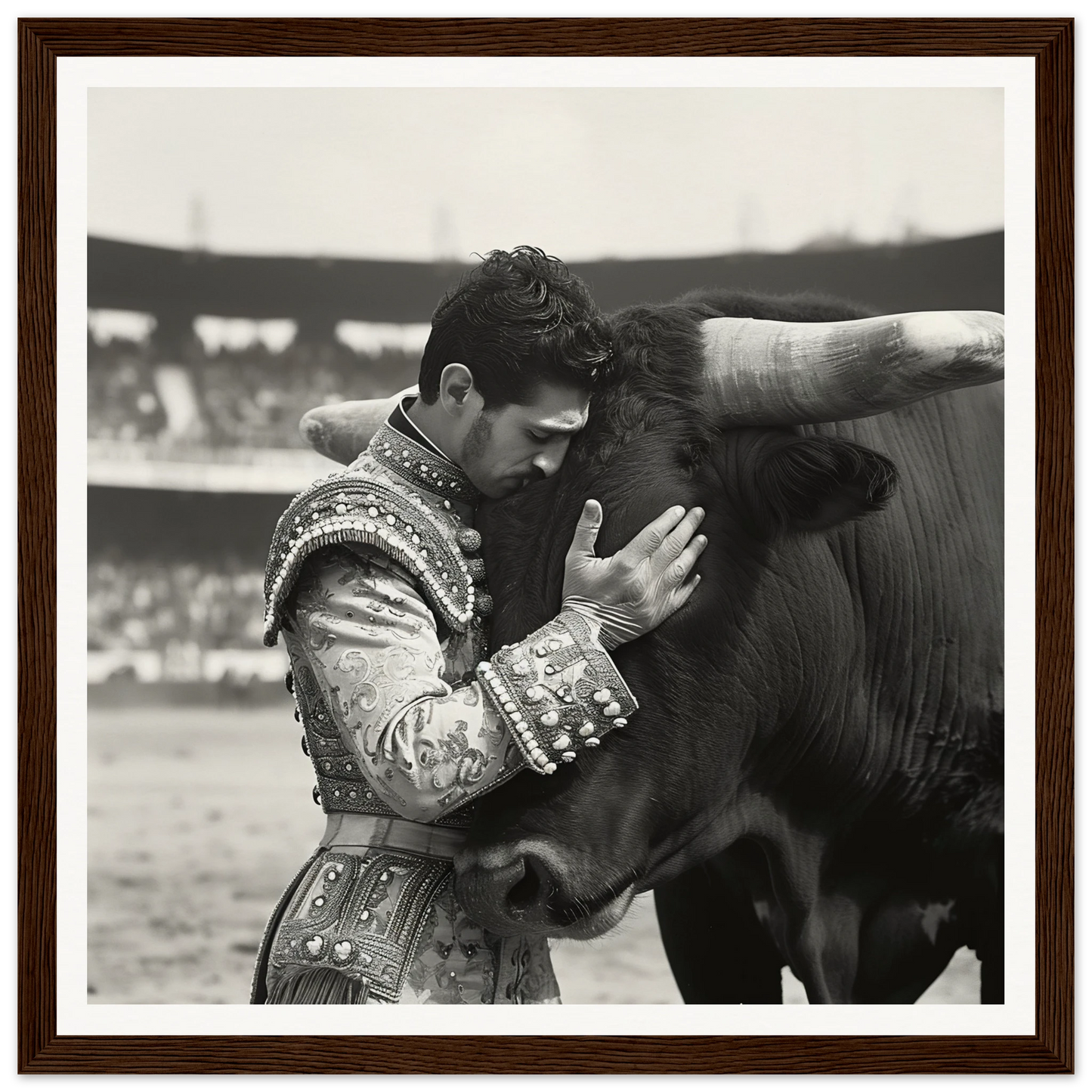 Matador sharing a moment with a bull in Bovine-passo Solo framed wall art