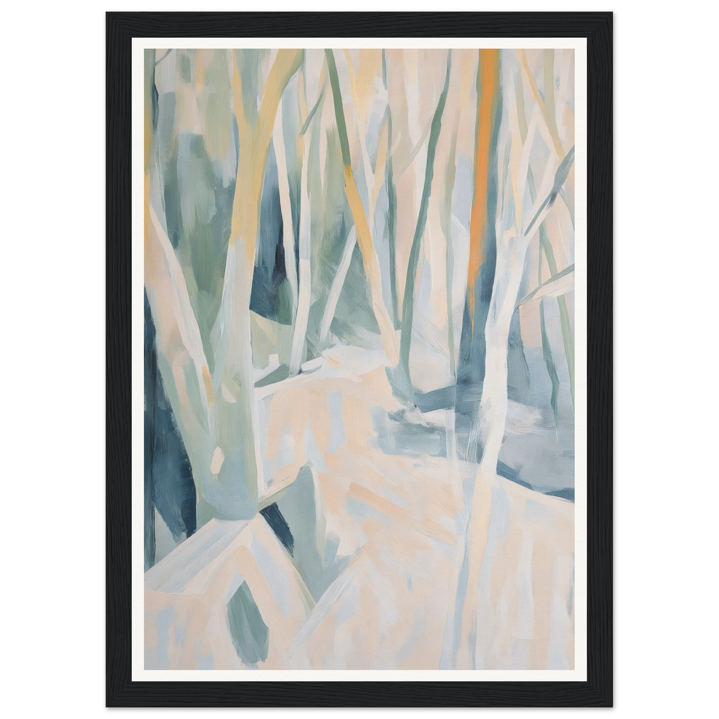 Framed wall art of a forest scene, trees in soft pastel colors, perfect for room decor.