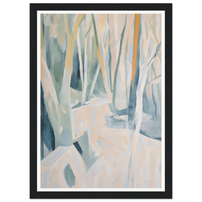 Framed wall art of a forest scene, trees in soft pastel colors, perfect for room decor.