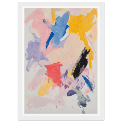 Framed wall art with bold brushstrokes in blue, yellow, pink, red, and black.