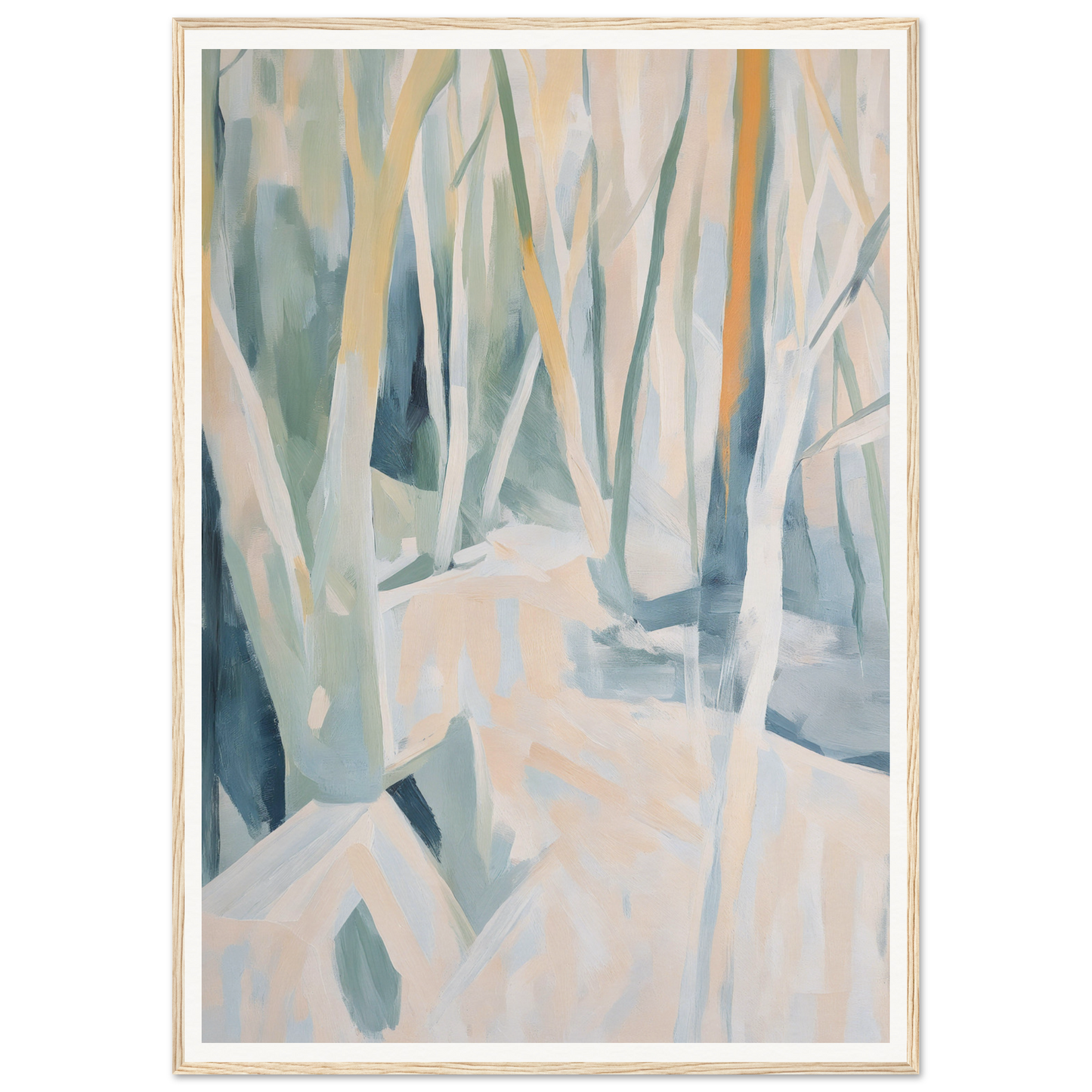 Framed wall art of an abstract winter forest, perfect for elegant room decor.