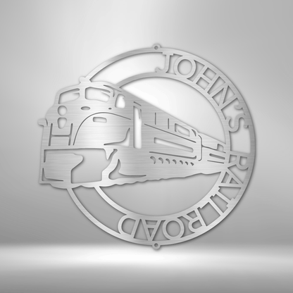 Circular metal logo featuring a stylized train design and text.
