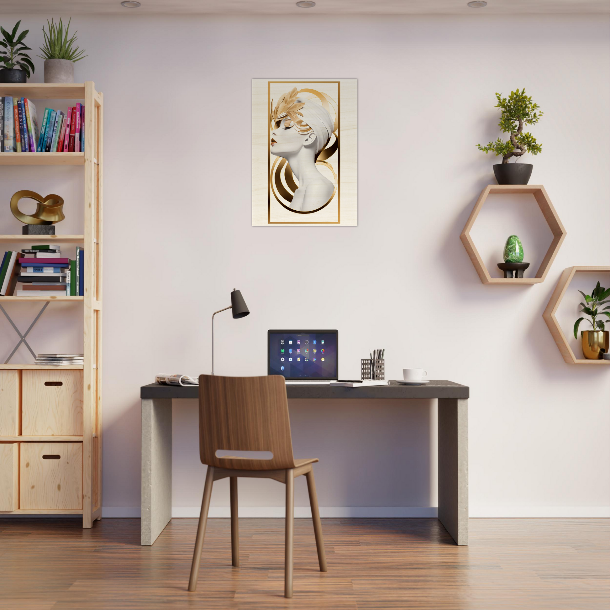 Home office workspace with a desk, chair, and decorative shelving.