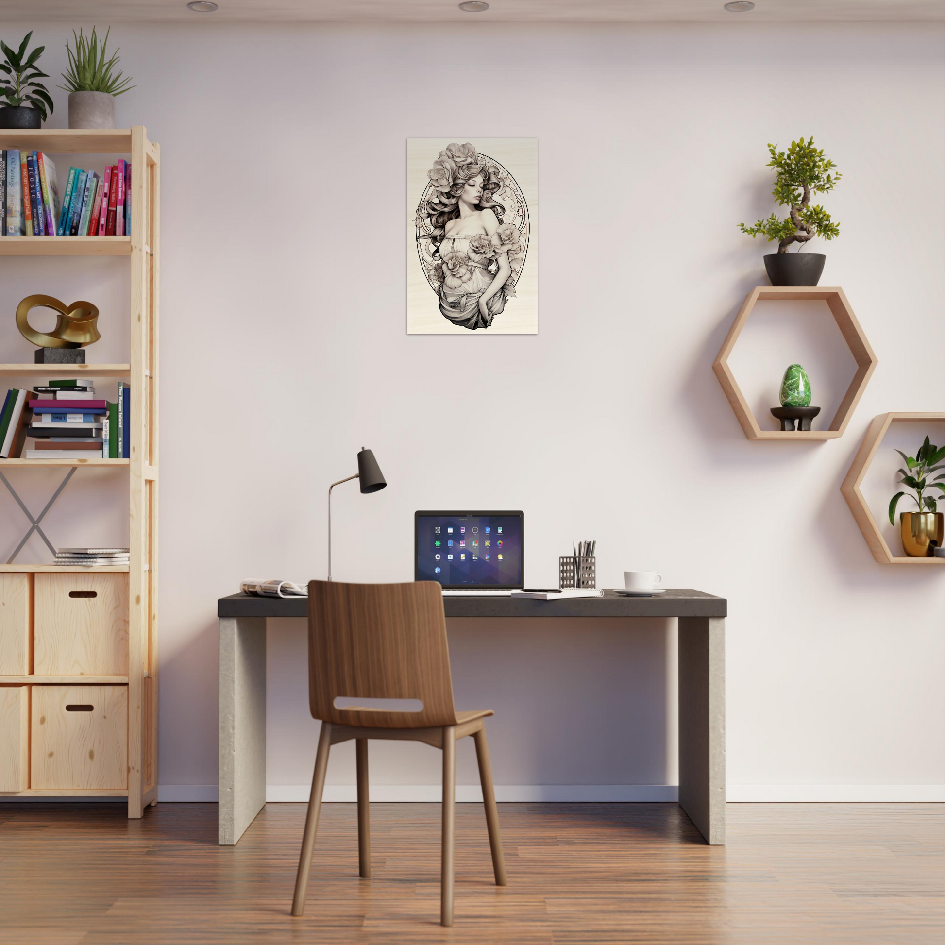 Home office workspace with a desk, chair, bookshelf, and decorative wall shelves.