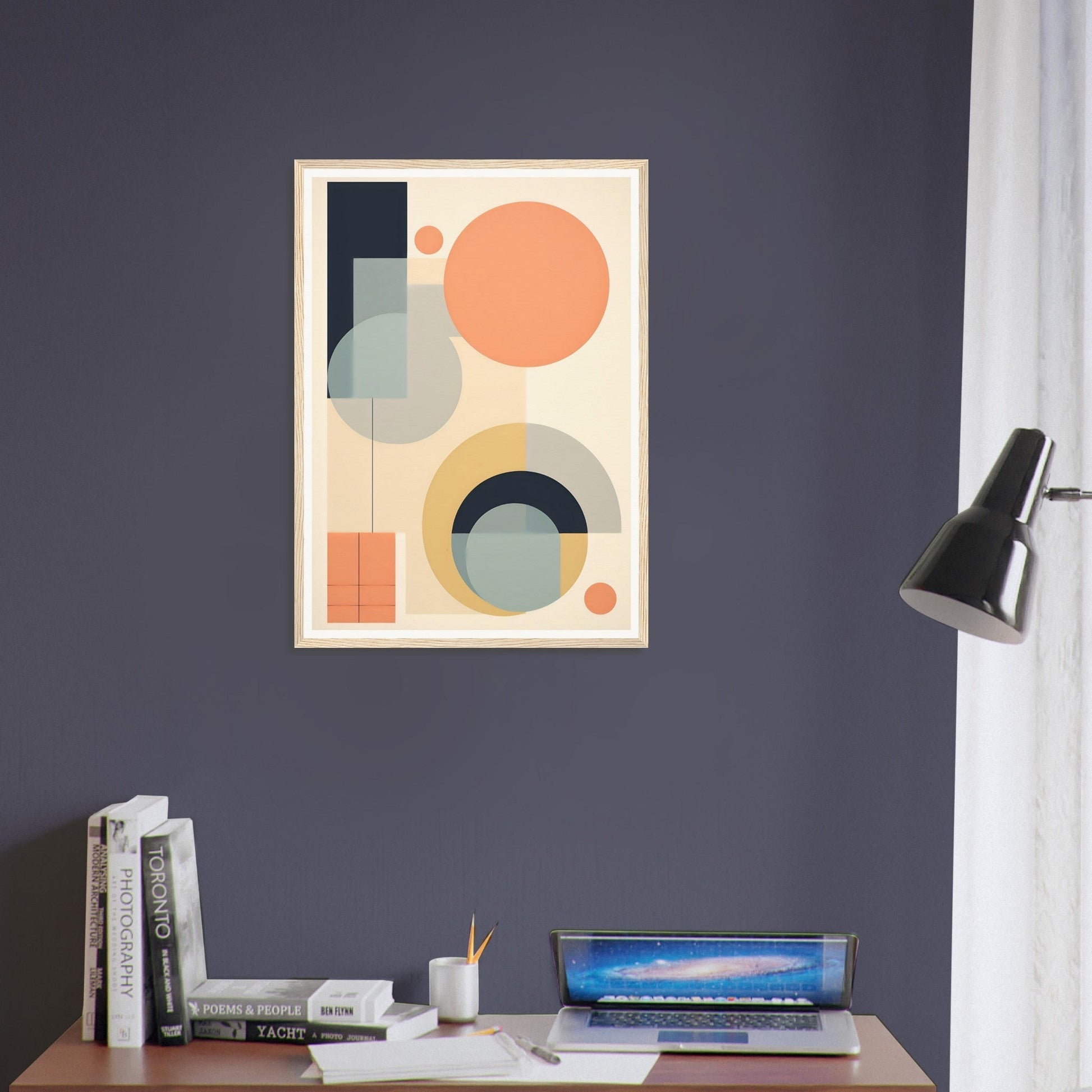 Abstract geometric artwork featuring circles, rectangles, and curved shapes in muted pastel colors.