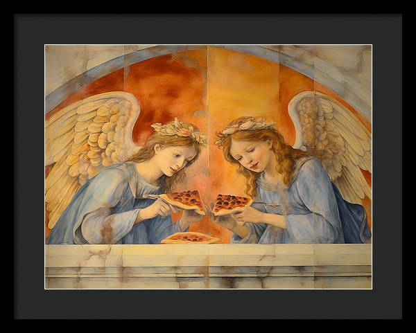 Painting of two angels with wings and halos holding a crown.