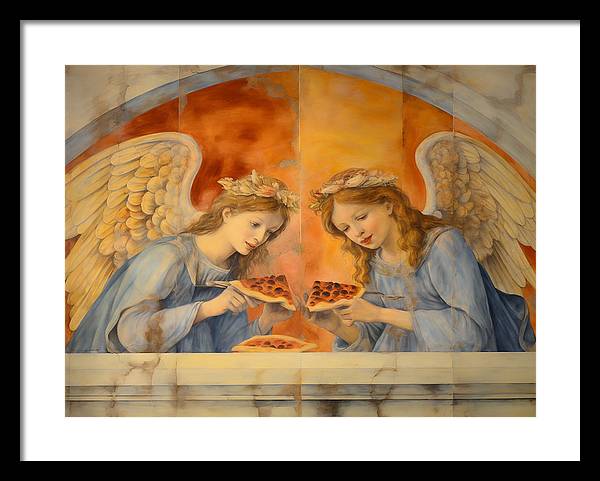 Painting of two angels in blue robes with golden wings.