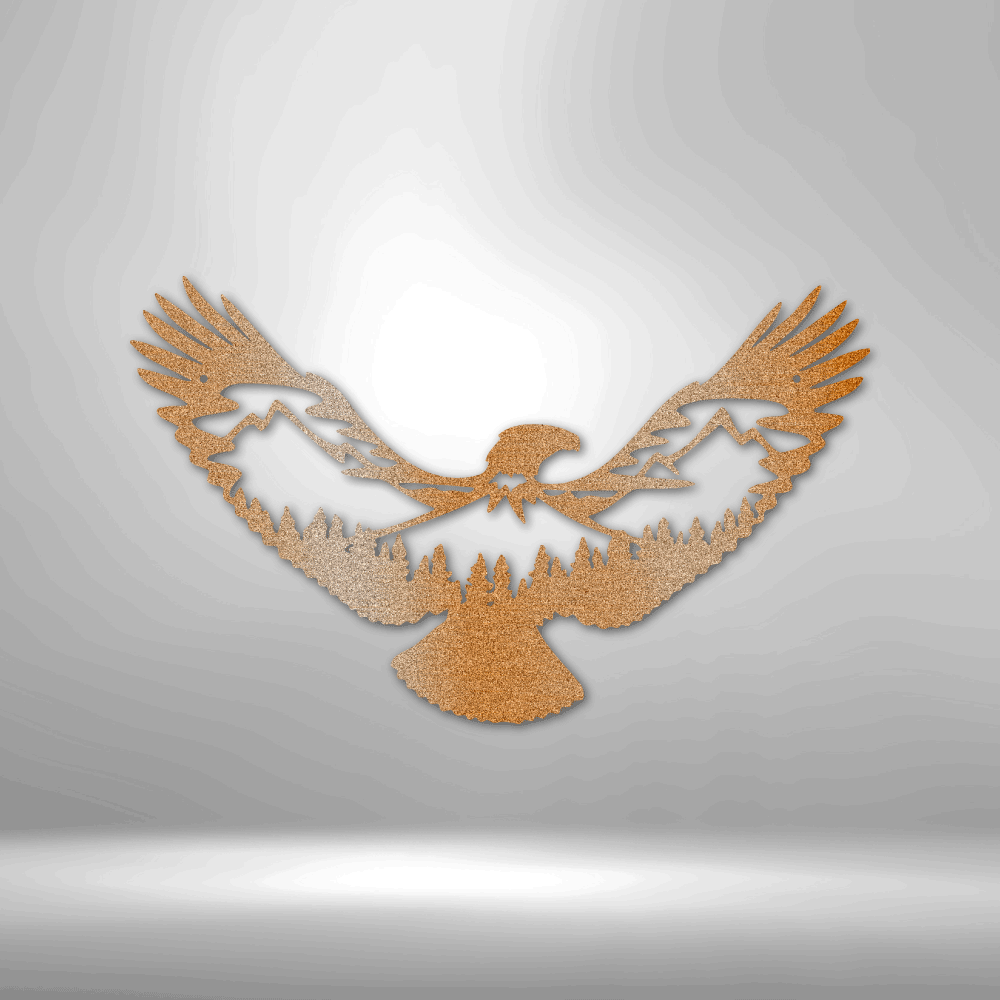 Stylized eagle silhouette with outstretched wings made of wood or metal.