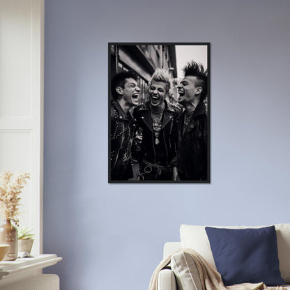 Framed black and white photograph of three punk rockers with mohawks.