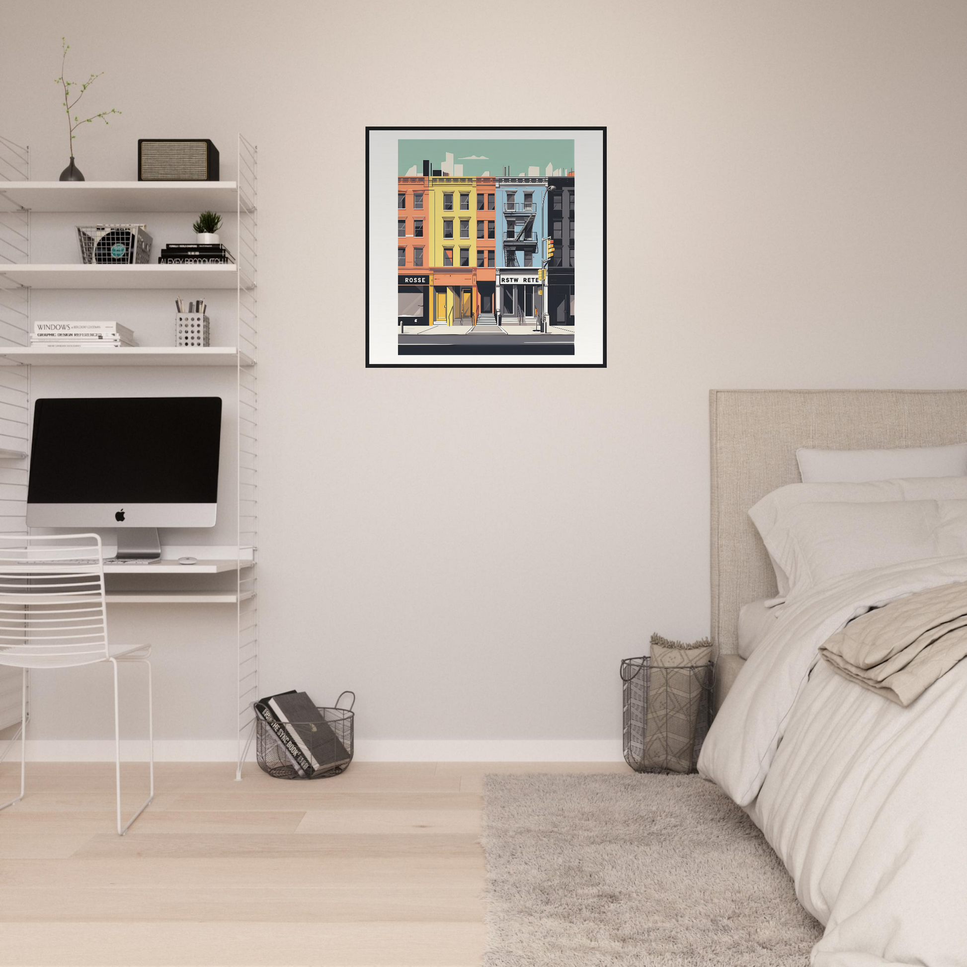 Colorful framed wall art of pastel row houses from Sidewalk Dreams Aligning special edition