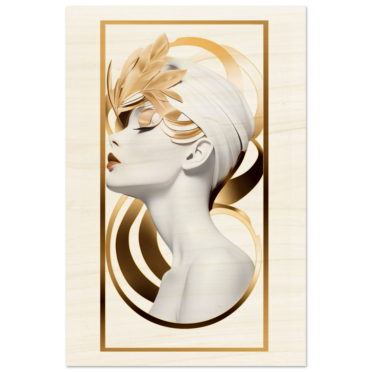 Stylized portrait of a woman with golden feather-like hair ornaments in an Art Deco aesthetic.