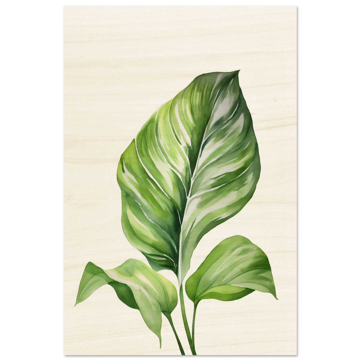 Vibrant green tropical leaf with prominent veins and a curved shape.