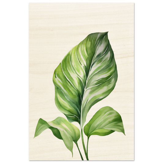 Vibrant green tropical leaf with prominent veins and a curved shape.