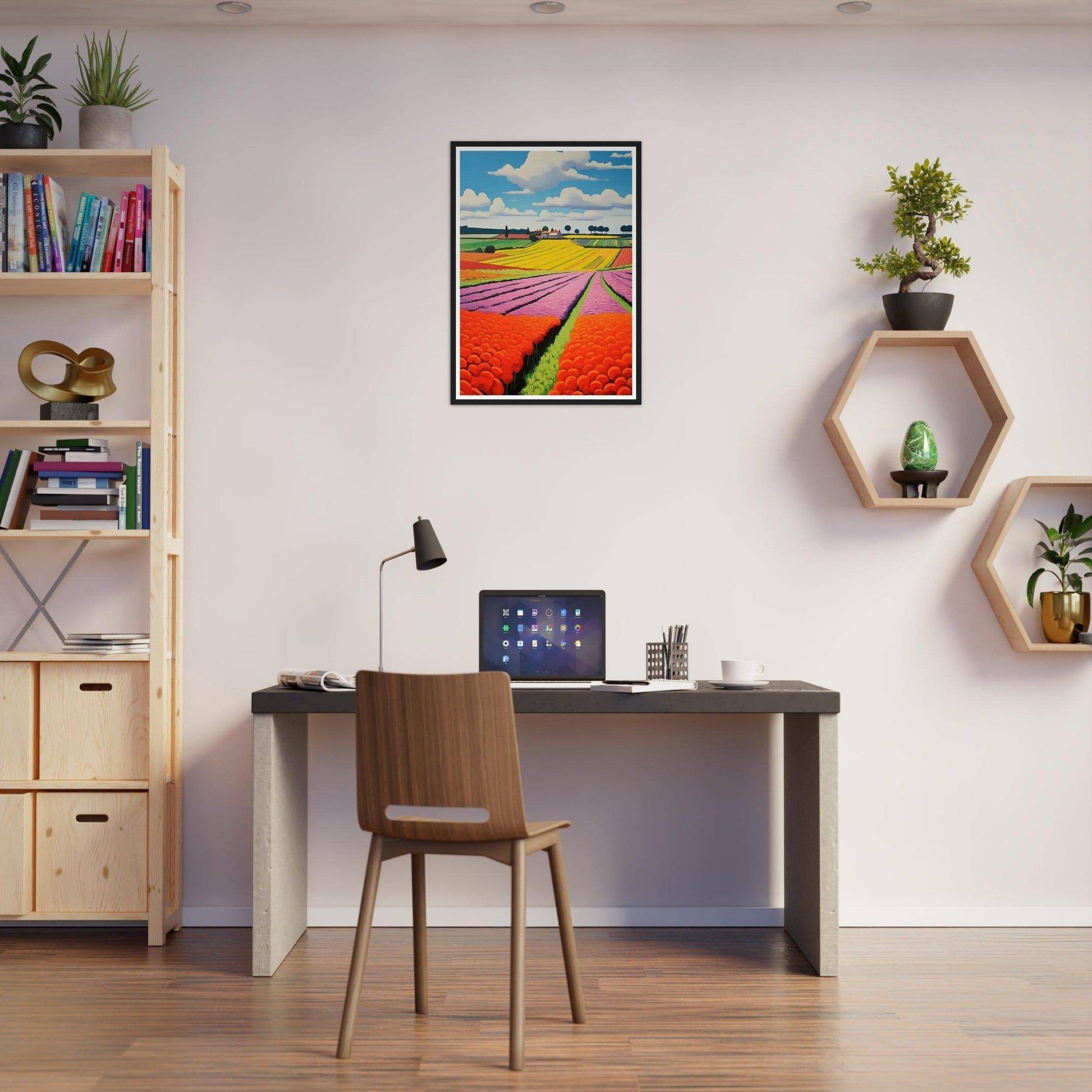 Home office workspace with a desk, chair, bookshelf, and decorative wall elements.