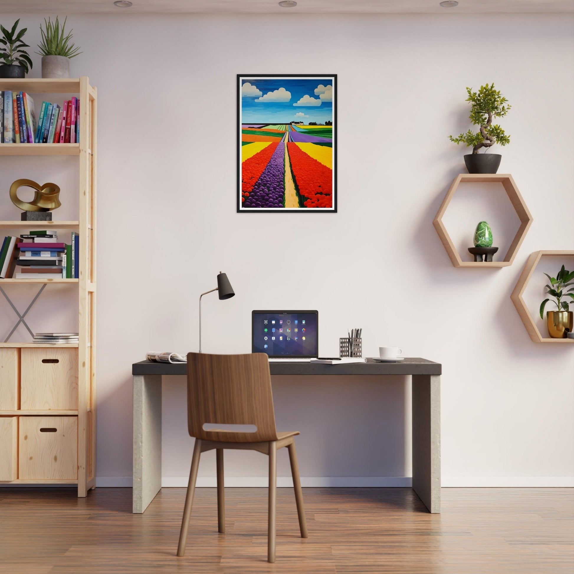 Home office workspace with a desk, chair, bookshelf, and decorative wall art.