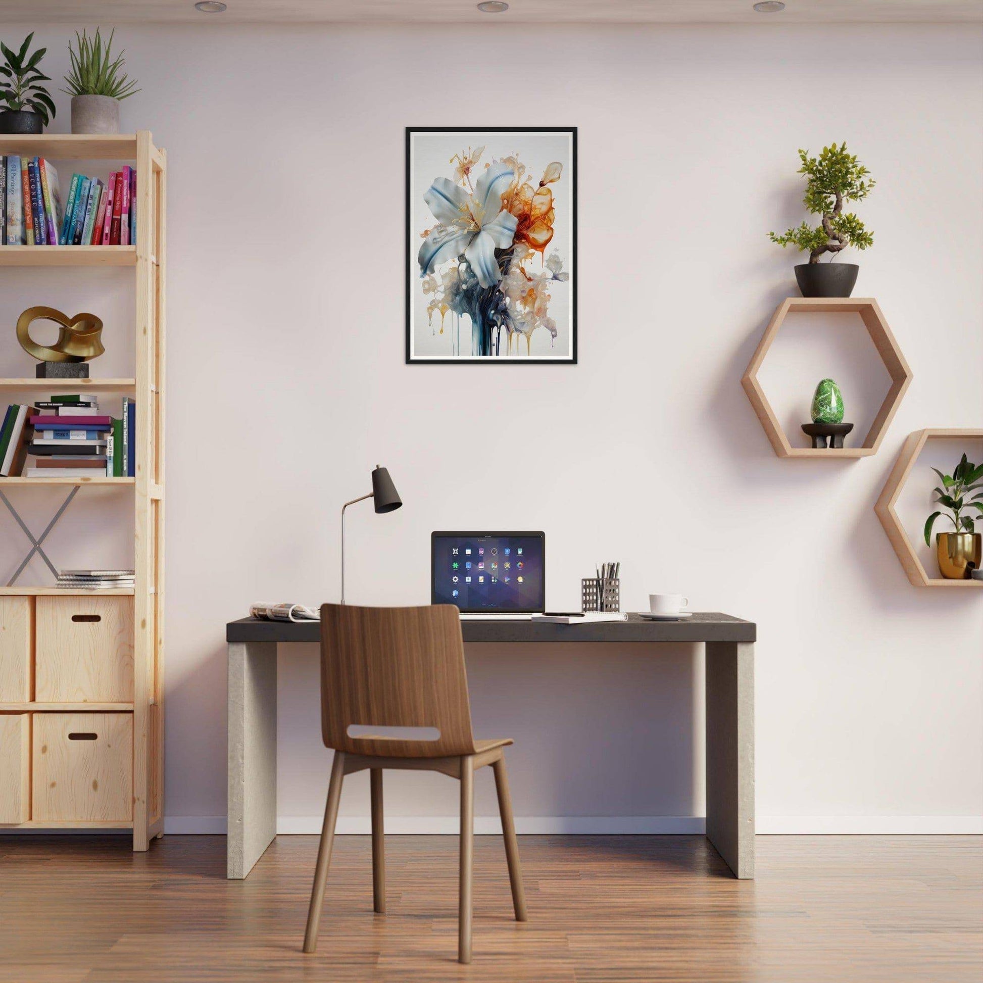 Simple home office workspace with a desk, chair, and decorative wall shelves.