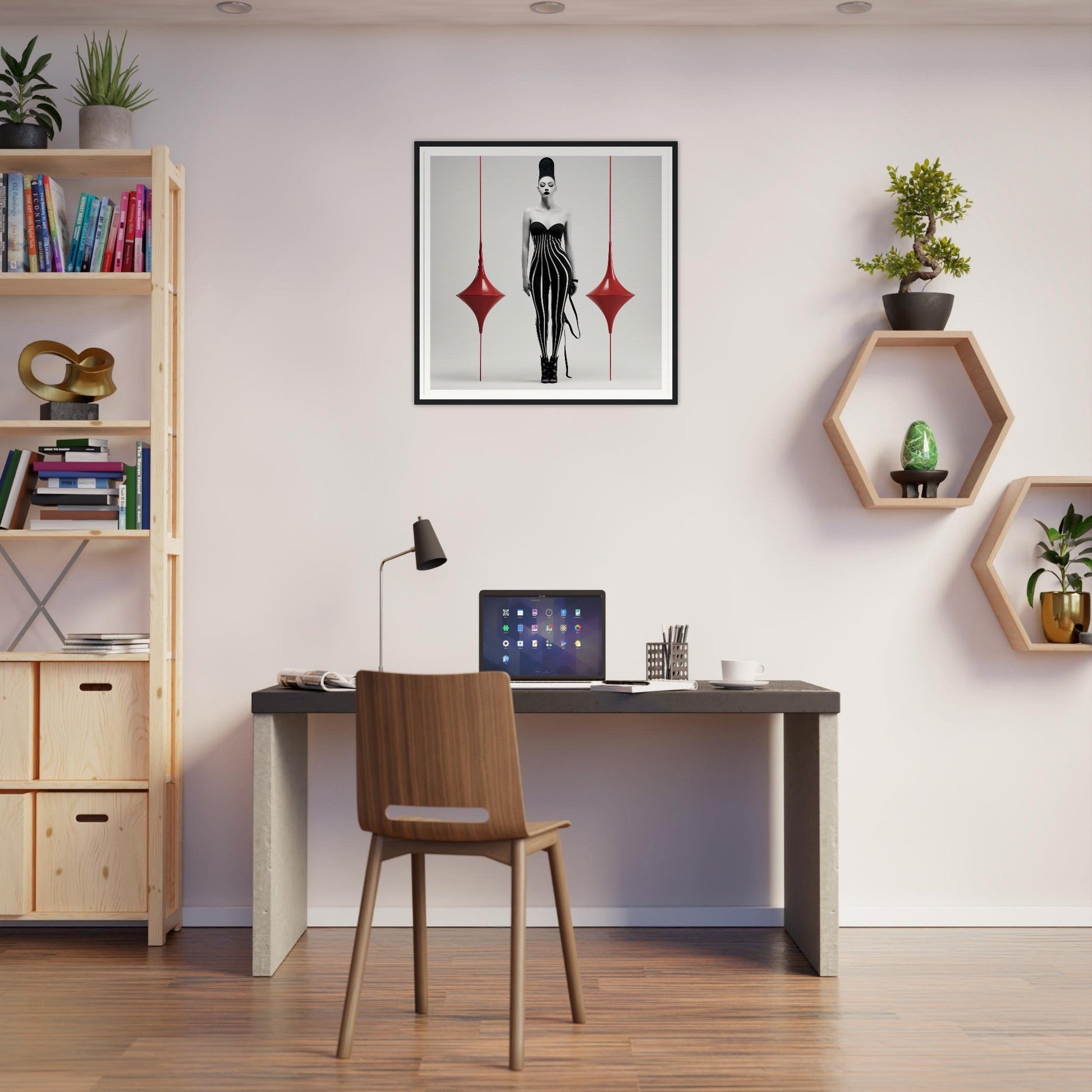 Wooden desk with a laptop and desk lamp on its surface.