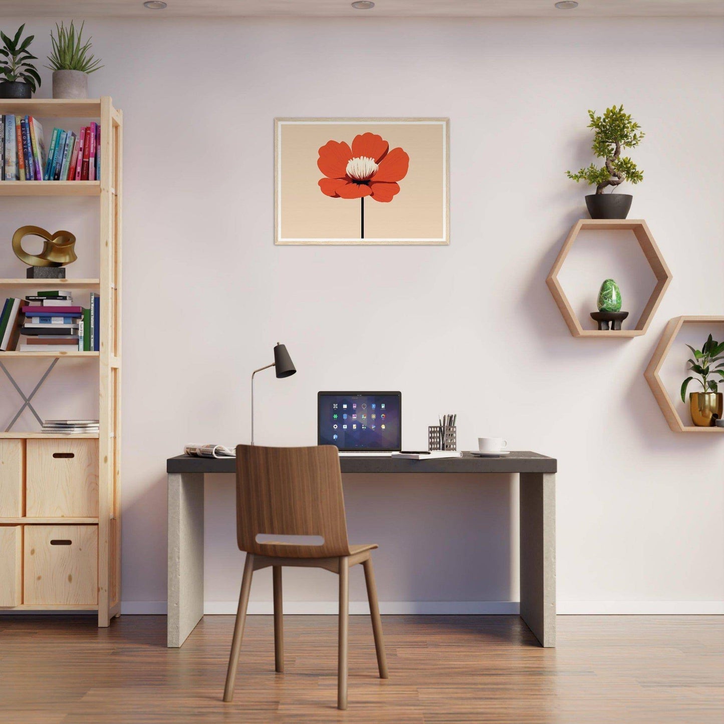 Desk with a laptop and desk lamp, accompanied by a wooden chair.