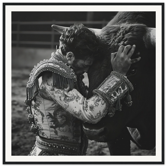 Matador in embroidered jacket embracing a bull for Bullring Reverie Communion art