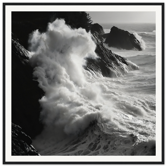 Powerful ocean waves crashing on rocky cliffs in a Livid Sea Symphony seascape framed poster