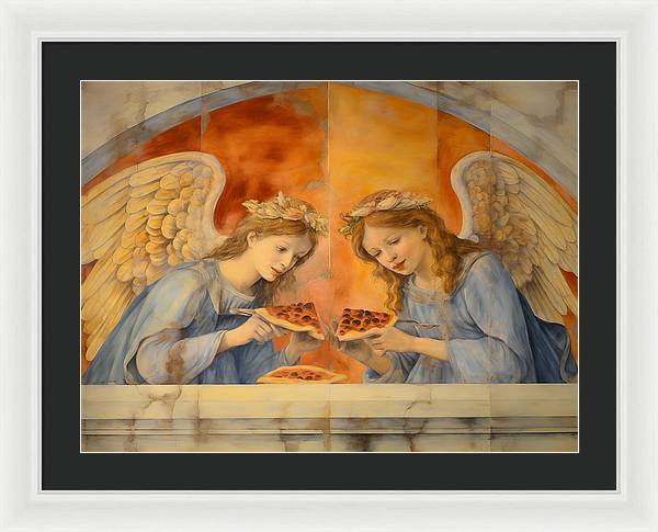 Painting of two angels with wings in blue robes examining an object together.