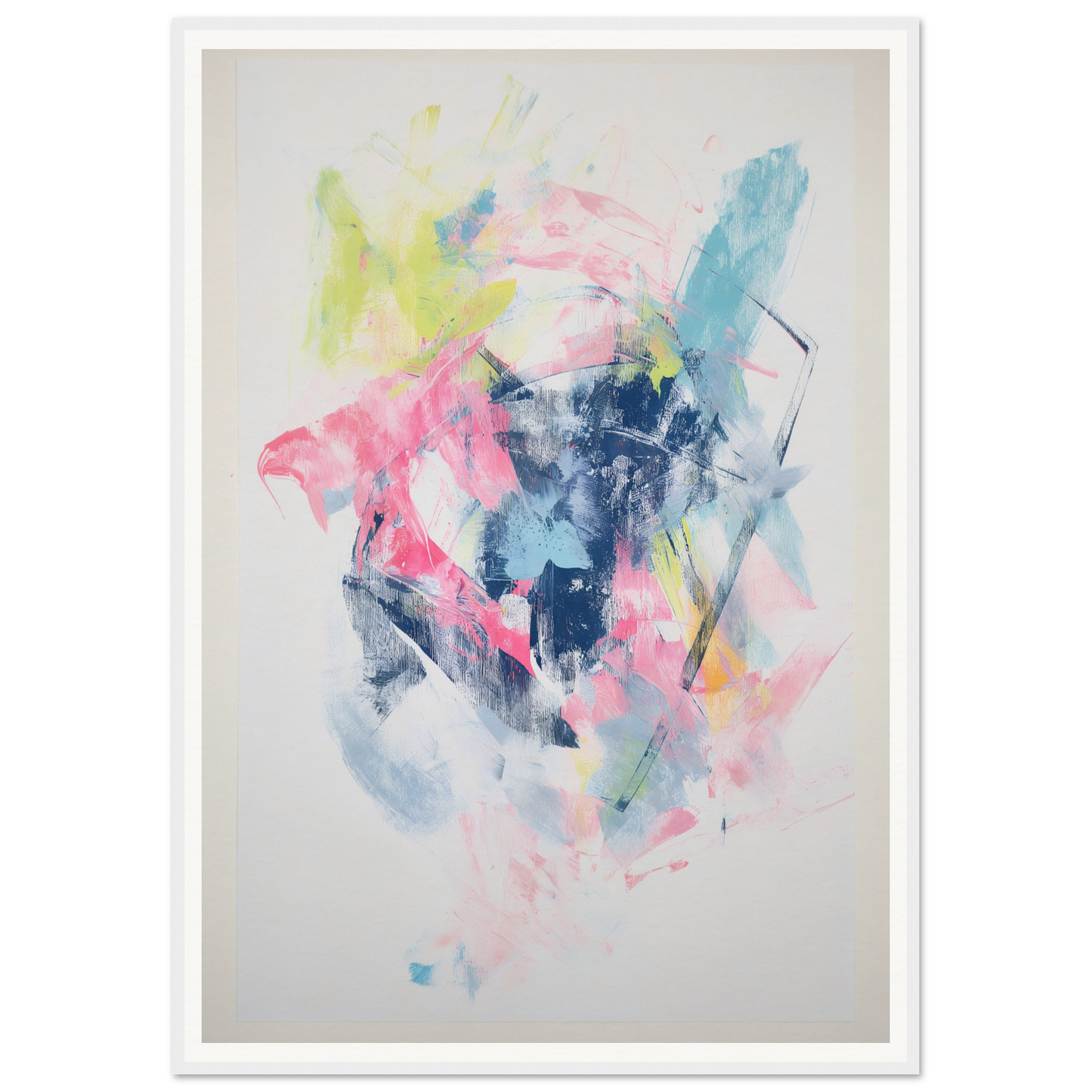 Framed abstract painting with splashes of pink, blue, yellow, and white on canvas.