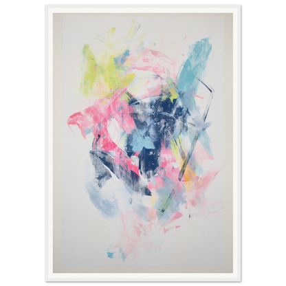 Framed abstract painting with splashes of pink, blue, yellow, and white on canvas.