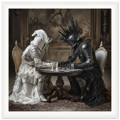 Two stylishly dressed figures in white and black playing chess from Duelling Nightmares Vision