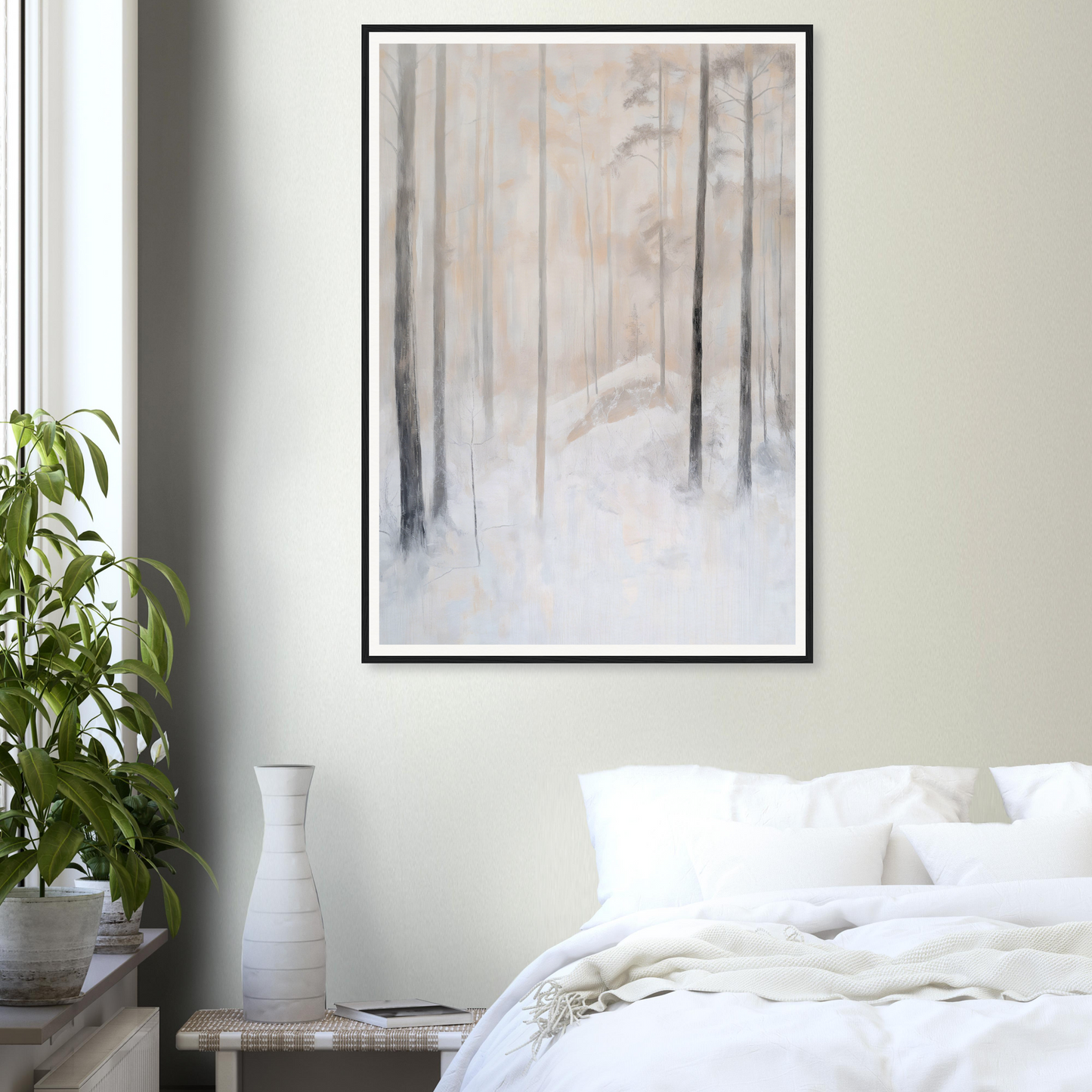 Framed wall art of an abstract winter forest hangs above the bed with white bedding.